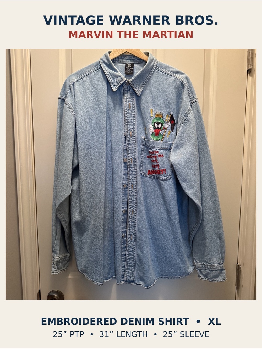 Warner Bros. Light Blue Denim Button-Up Shirt with Marvin the Martian Embroidery